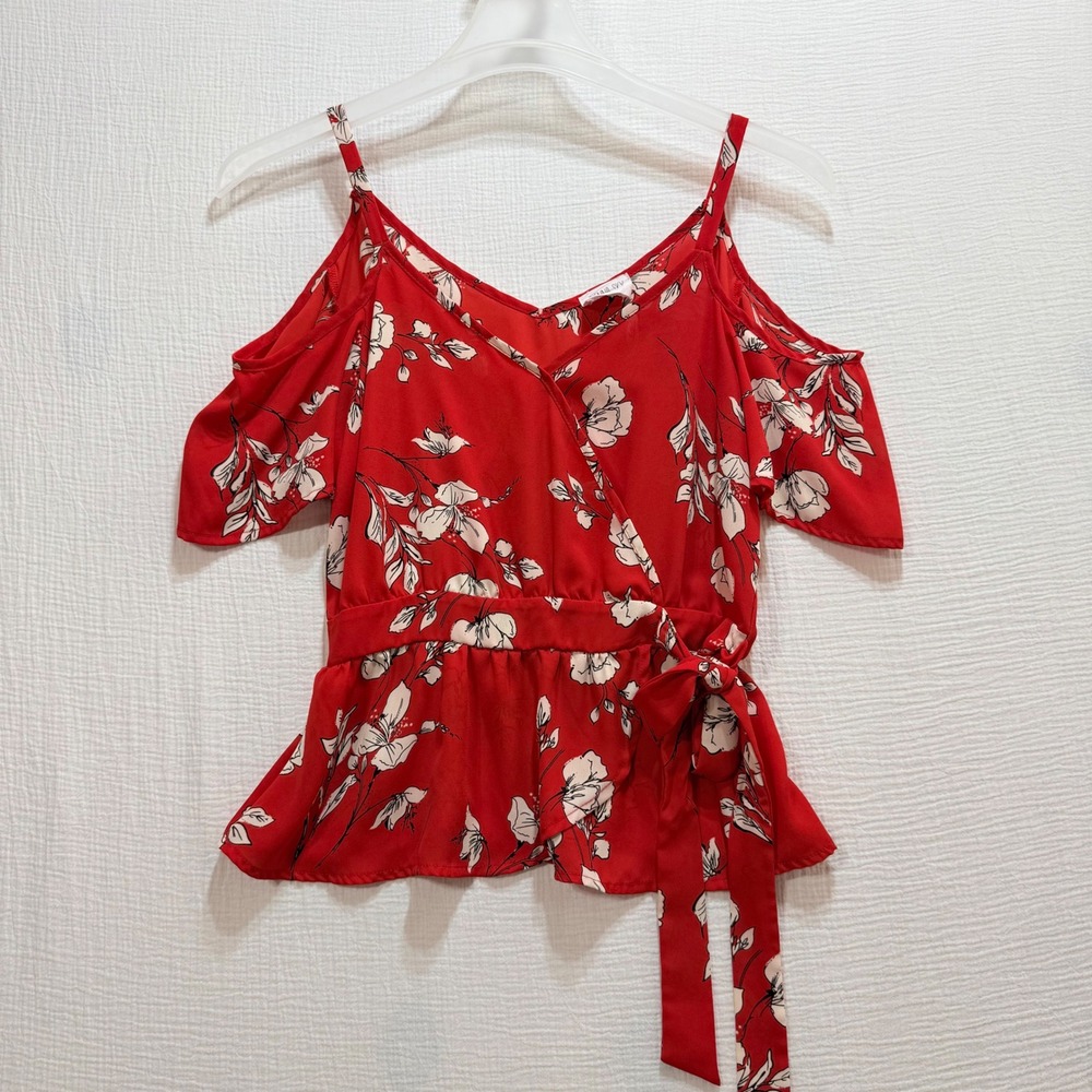 Sienna Sky Cold Shoulder Top Women M Red Floral Wrap Side Tie Peplum Cottagecore